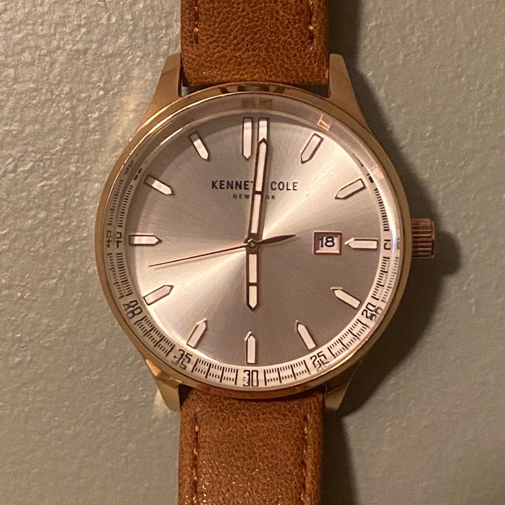 Kenneth Cole New York Rose Gold Mens Watch. Brown Leather Band.